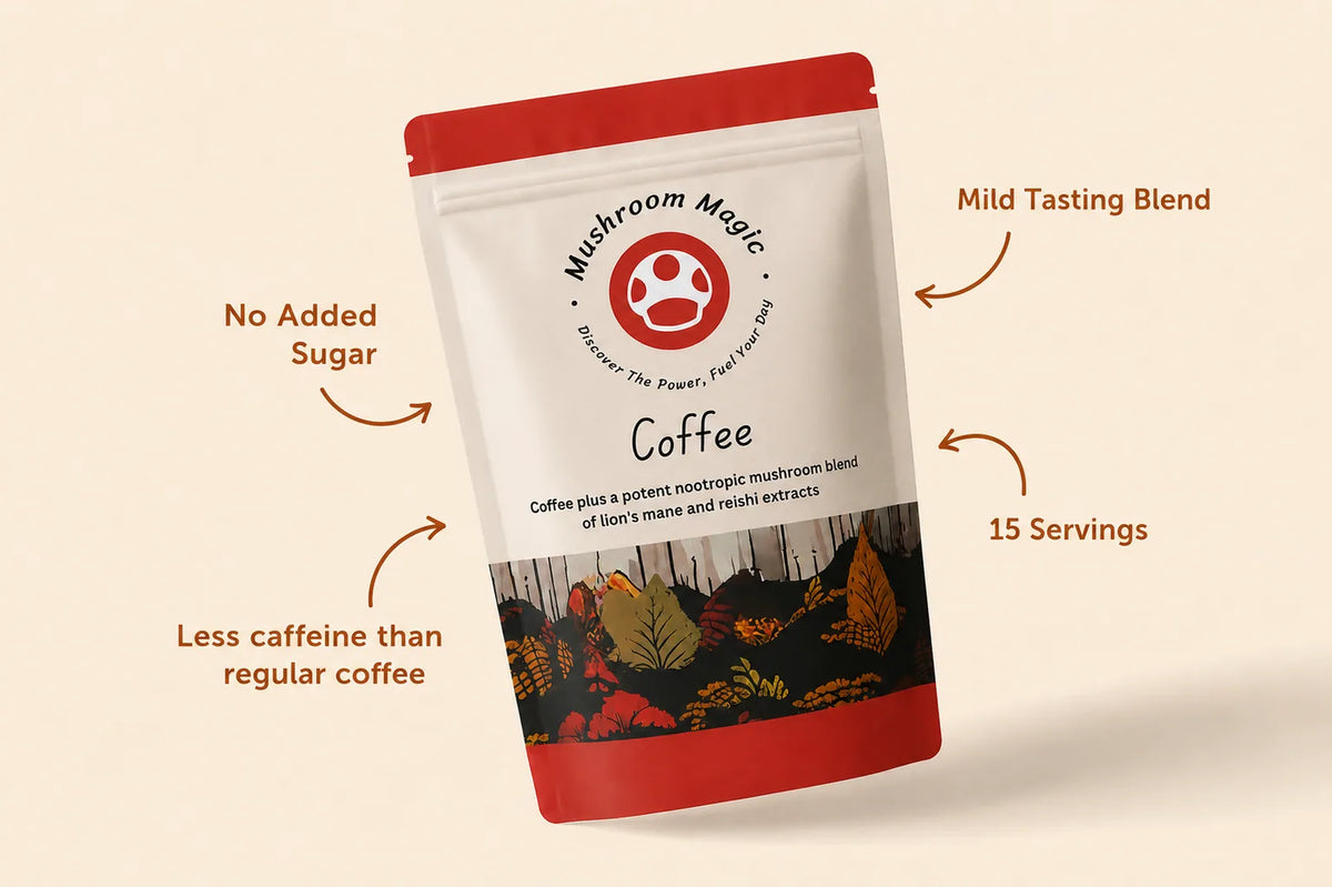 Mushroom Magic Mushroom Coffee 120g pouch with product attributes: 15 servings, no added sugar, mild tasting blend
