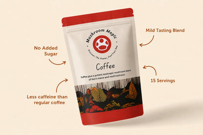 Mushroom Magic Mushroom Coffee 120g pouch with product attributes: 15 servings, no added sugar, mild tasting blend