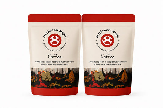 Two pouches of Mushroom Magic mushroom coffee