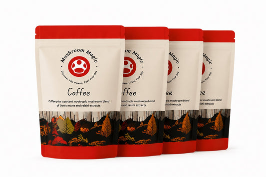 Four pouches of Mushroom Magic mushroom coffee