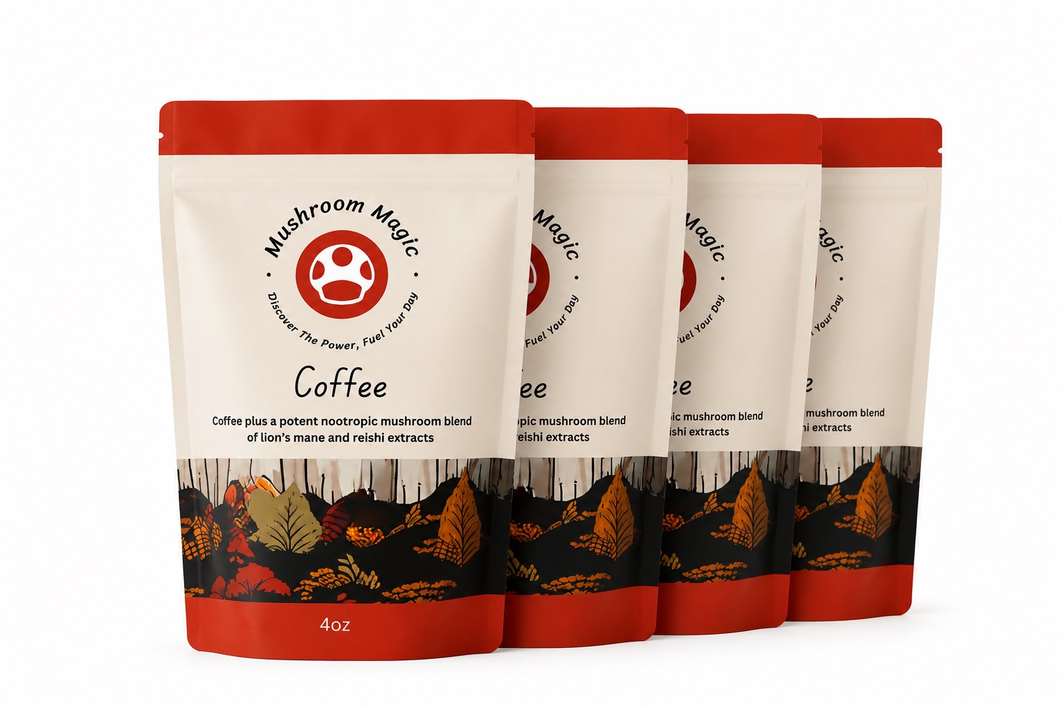 Lineup of Mushroom Magic mushroom coffee pouches